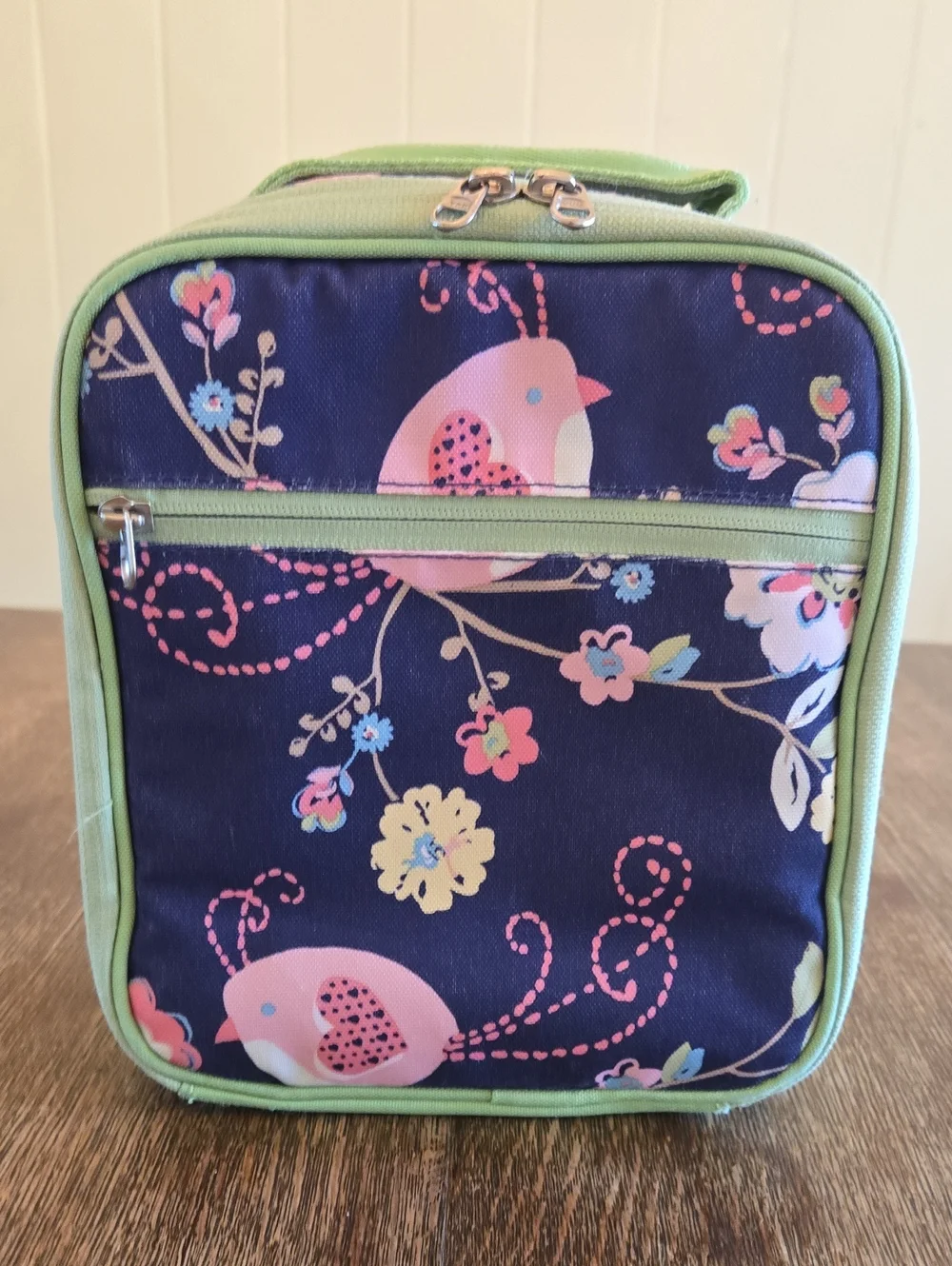 Pottery Barn Kids Navy Lunch Box with Pink Birds and Flowers